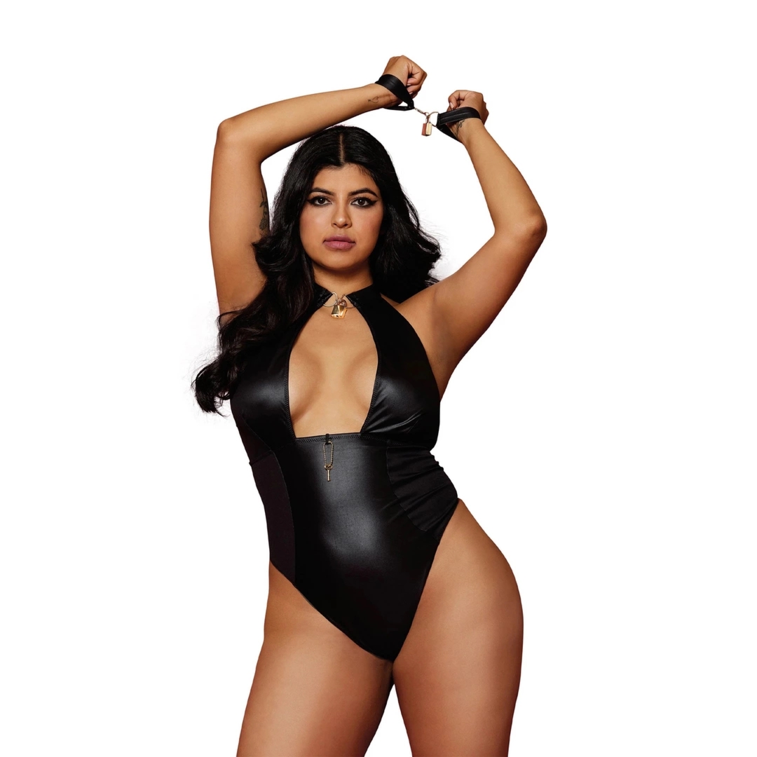 Dreamgirl Body Plus Size Czarny z Kłódkami, Paskami na Nadgarstki i Regulowanym Tyłem