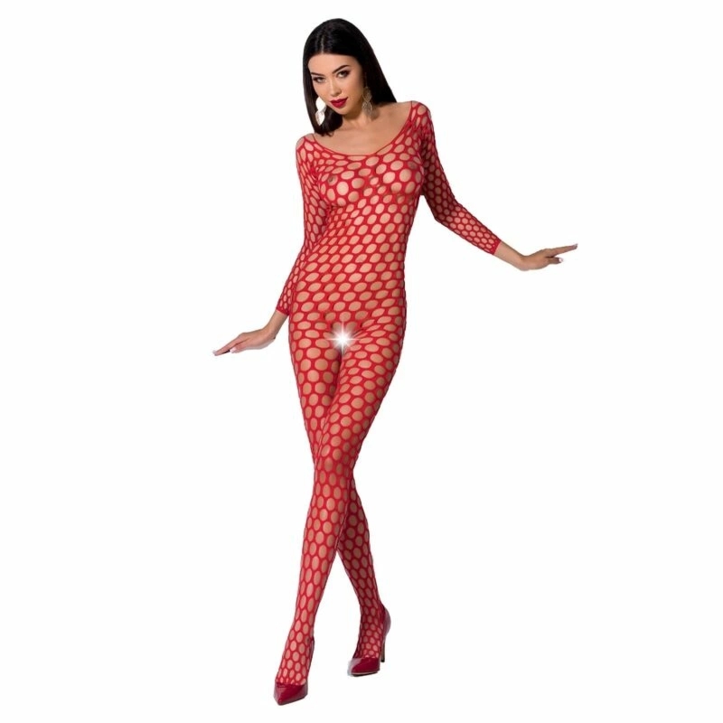 Passion BS077 Bodystocking damski czerwony, kabaretka z koronką, uniwersalny rozmiar