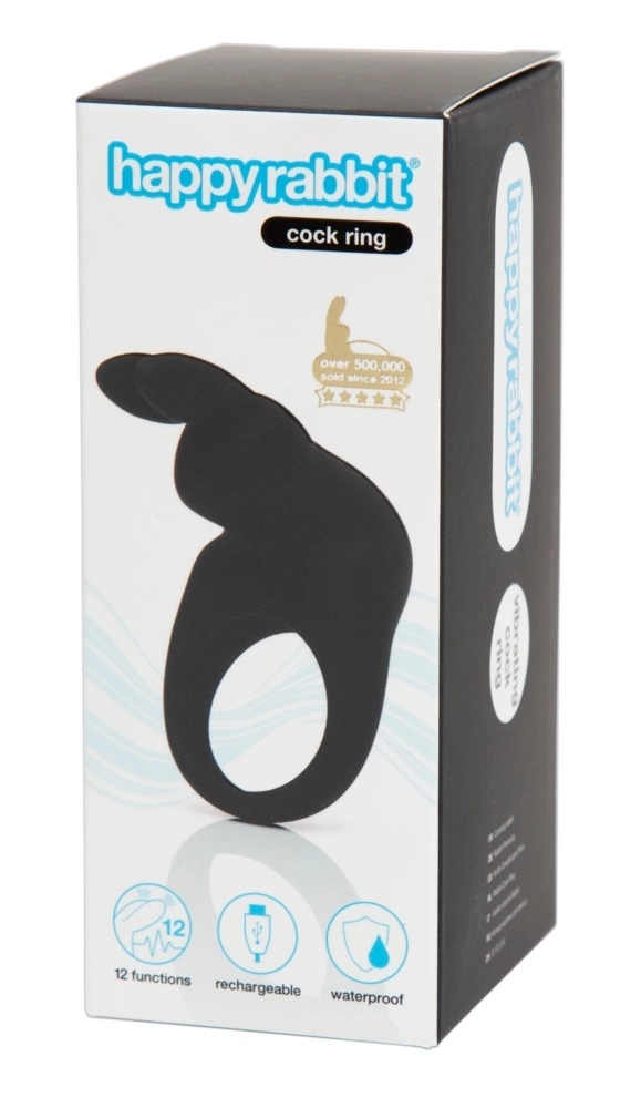 Happy Rabbit Pierścień silikonowy z wibracjami, czarny, 12 trybów, stymulator królik