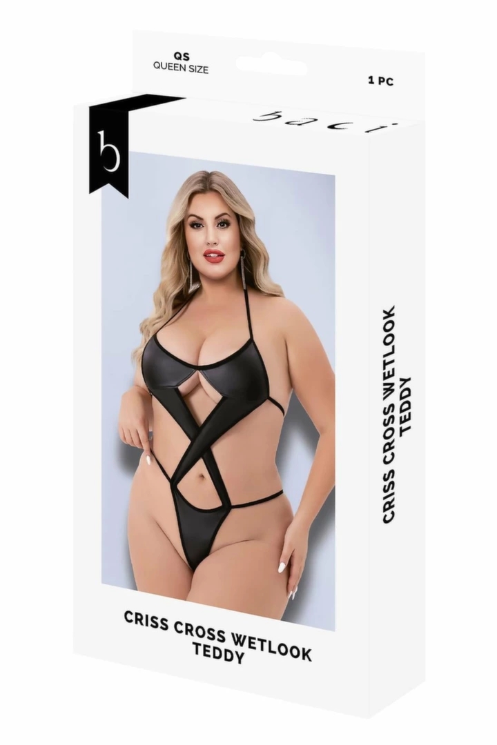 Baci CRISS CROSS WETLOOK TEDDY BLACK, QS – body z połyskiem, czarne, krzyżujące paski, Queen Size
