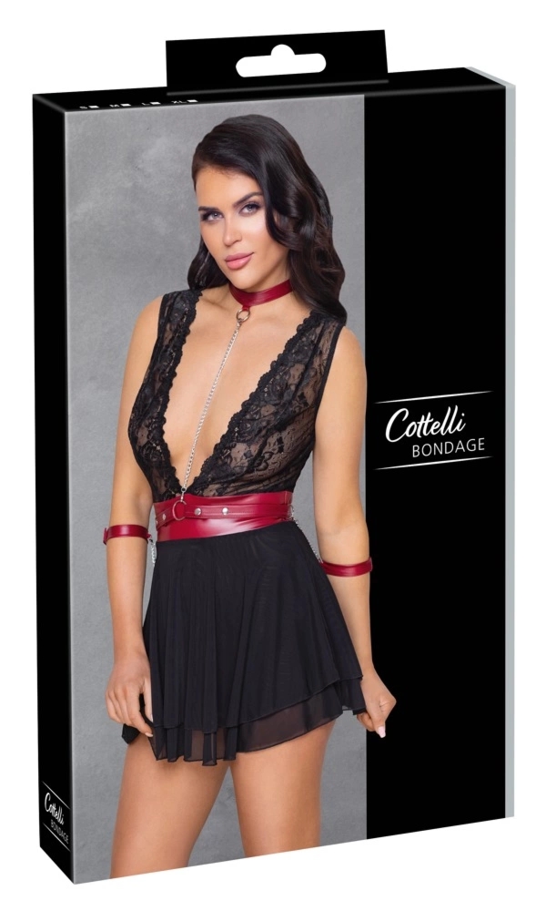 Cottelli Bondage Babydoll M Czarna z Czerwoną Obręczą, Mankietami i Łańcuszkiem