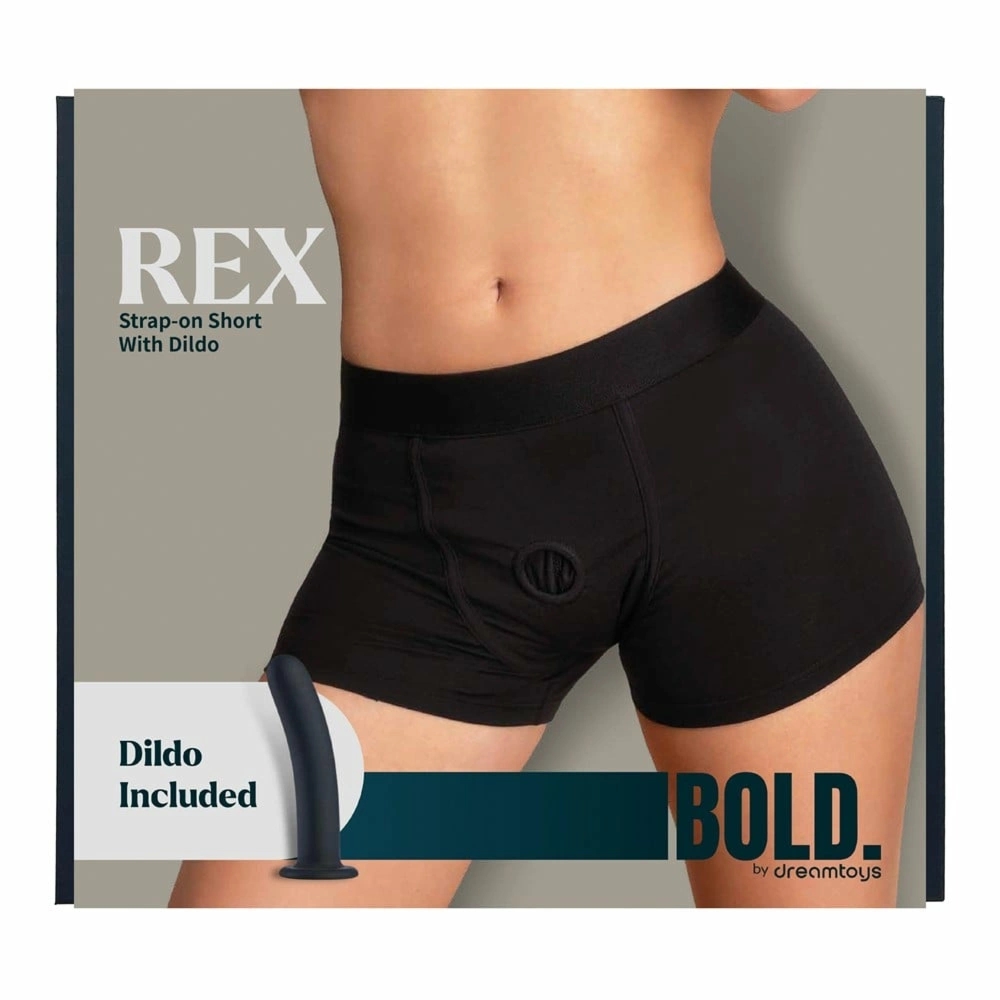BOLD. REX Strap-On Short S czarne szorty z silikonowym elementem 15,5 cm, koronka, IPX7