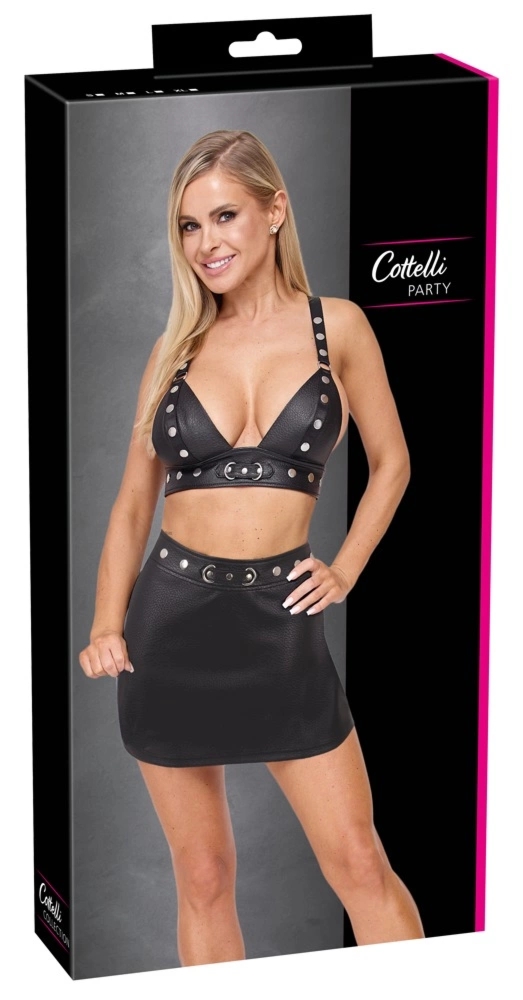 Cottelli PARTY Imitation Leather Top & Skirt L – czarny komplet z ekoskóry, metalowe detale, L