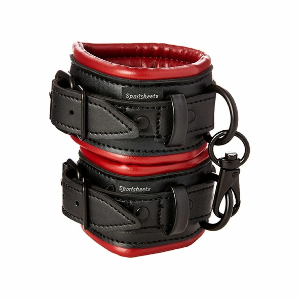 Sportsheets Saffron Cuffs szerokie kajdanki z PU, czarno-czerwone, regulowane