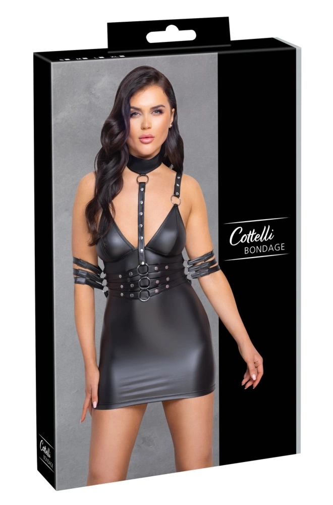 Cottelli Bondage sukienka matowa czarna M z regulowanymi mankietami i paskami
