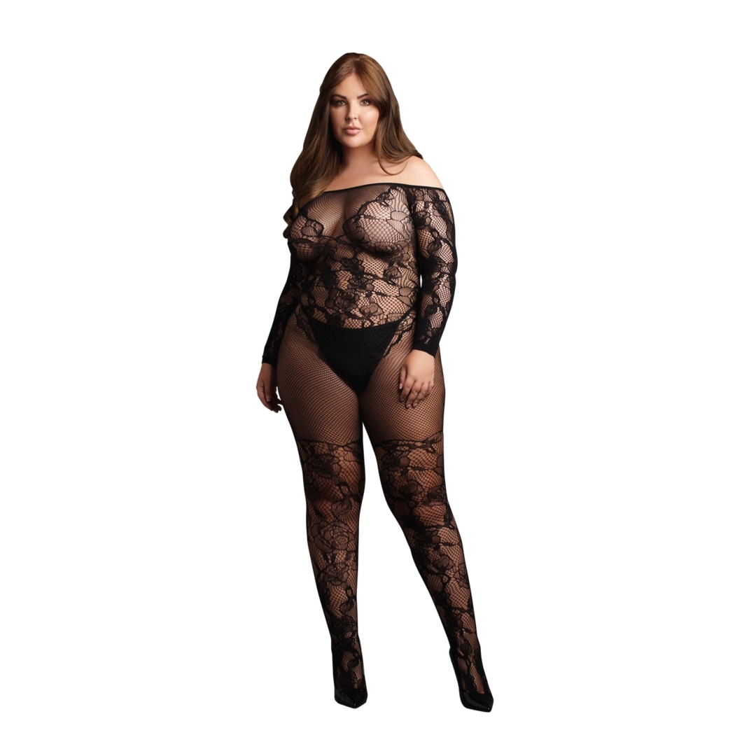 Le Desir Bodystocking Plus Size XL-4XL czarny, siateczka z koronką, otwarty krok