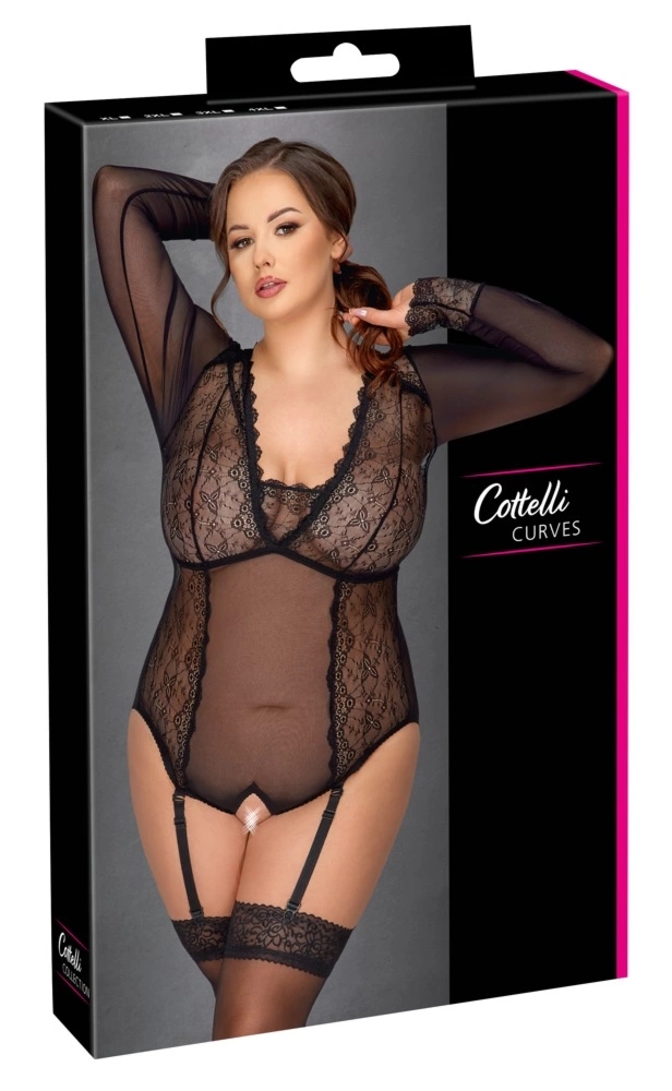 Cottelli CURVES Body XL czarne przejrzyste z koronką, długi rękaw i otwarta dolna część