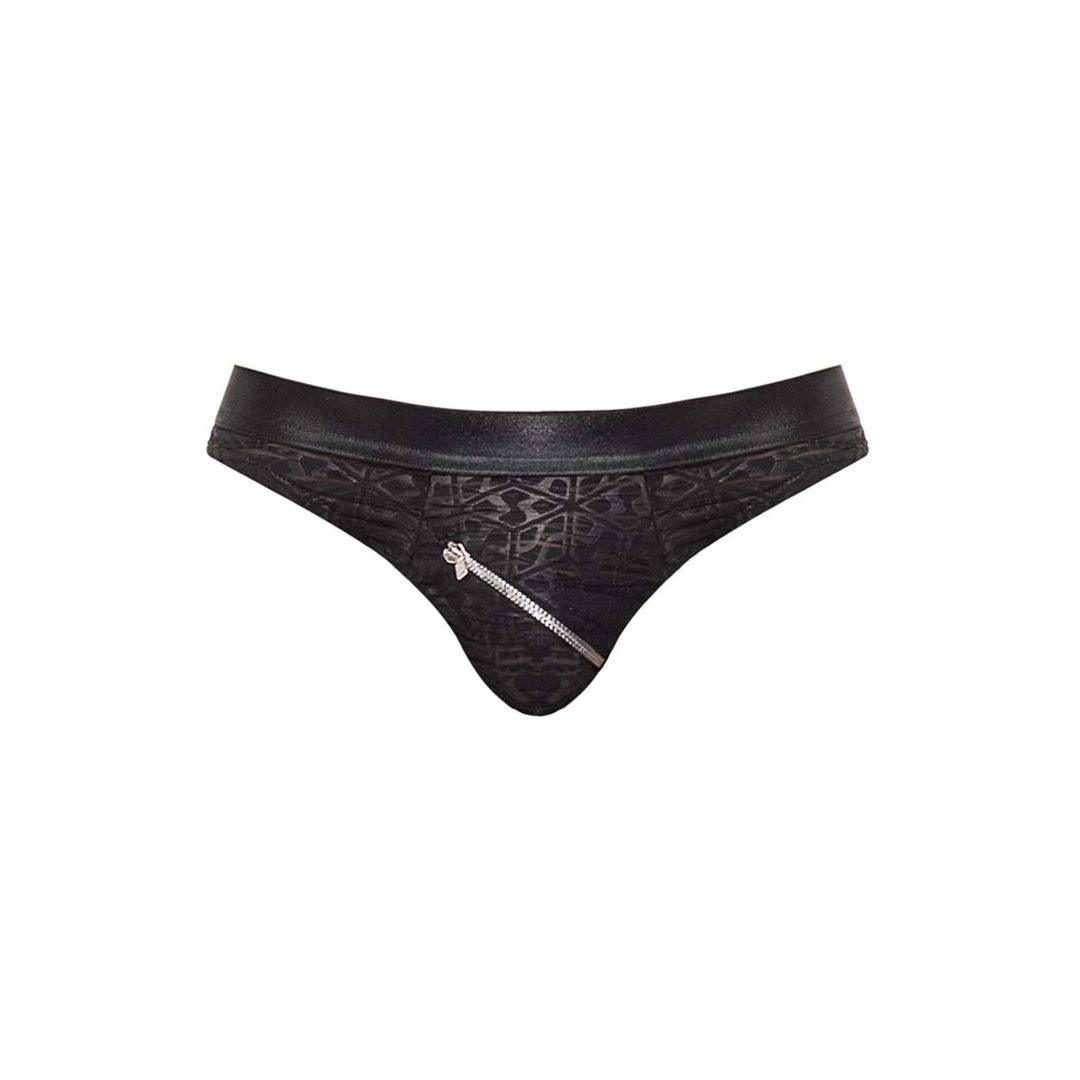 Male Power Bikini XL z zamkami, anatomiczny model, czarne, półprzezroczyste z abstrakcyjnym wzorem