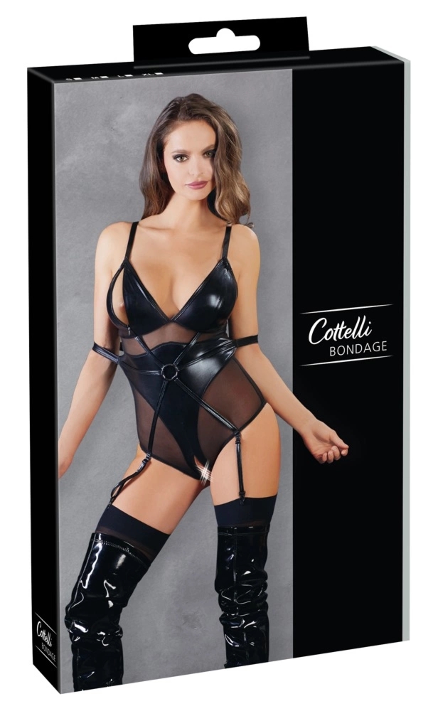 Cottelli Bondage Body XL Czarny Wet Look z Zamkami i Regulacją, pętelki do mocowania