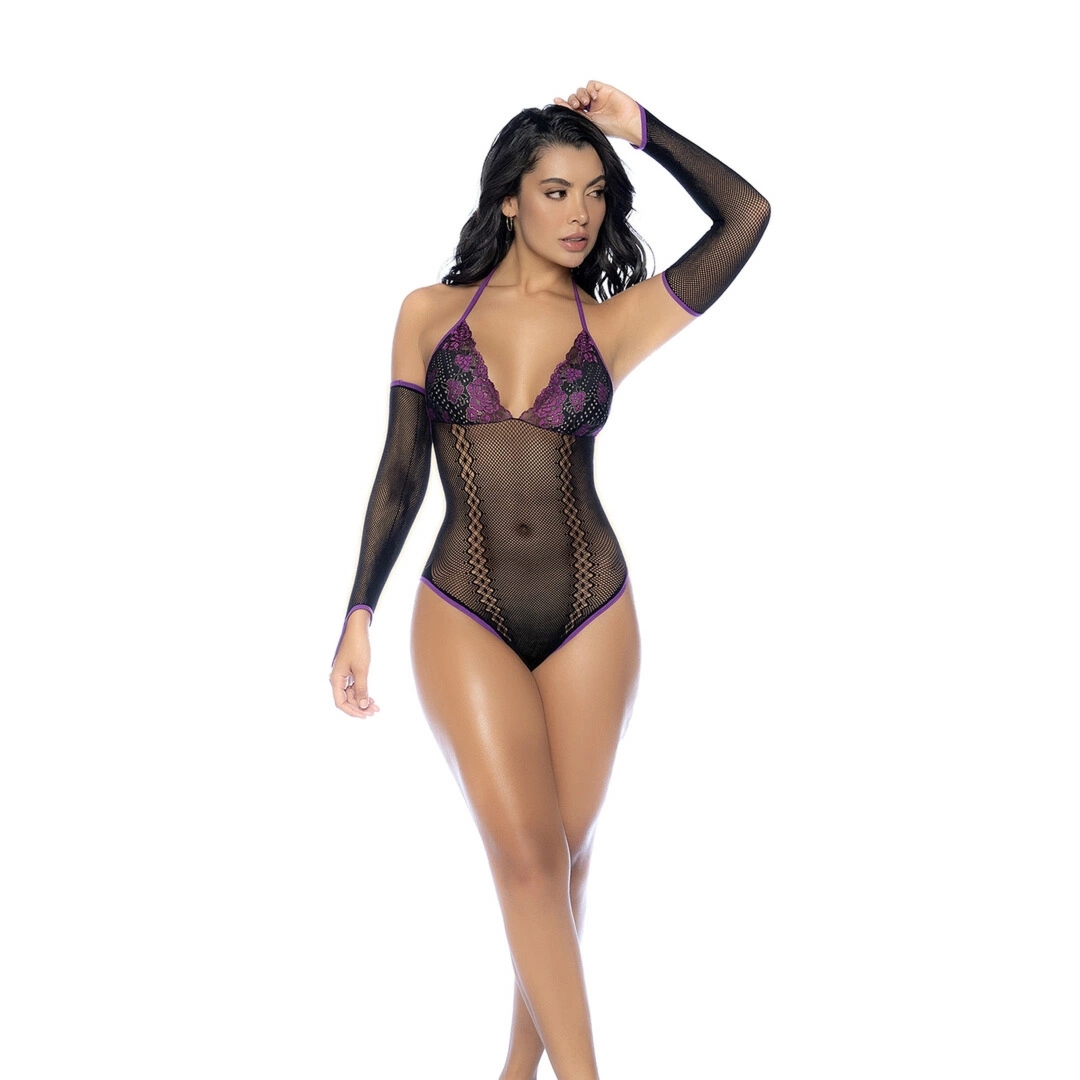 Mapele Fishnet & Lace Body komplet z rękawiczkami, czarno-fioletowy, uniwersalny