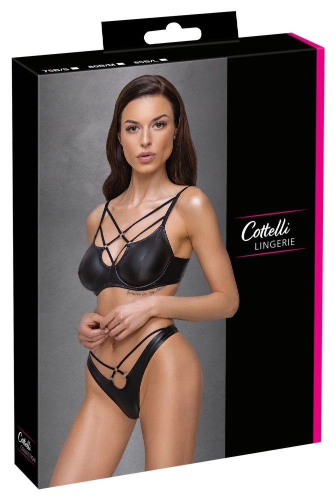 Cottelli LINGERIE 75B/S – matowy czarny komplet 2-częściowy z elastycznymi paskami i stringami