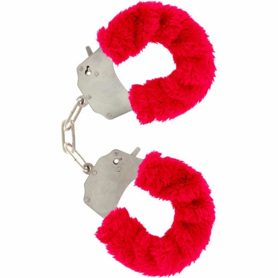 ToyJoy Furry Fun Mankietki na Nadgarstki Czerwone z Pluszem i Chromowanym Łańcuszkiem
