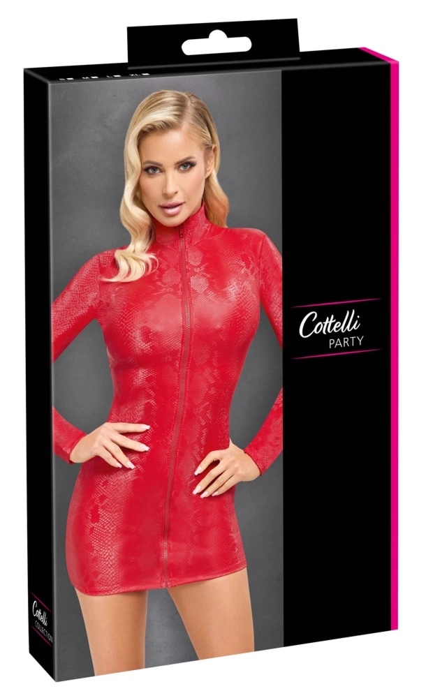 Cottelli PARTY Mini Sukienka Czerwona M Skóra Węża z Długim Rękawem i Stójką