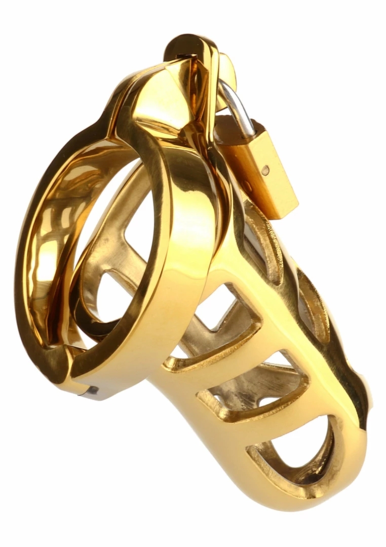 Mr. Steel Brutal Chastity Cage Gold - stalowa klatka intymna, złota, wentylowana