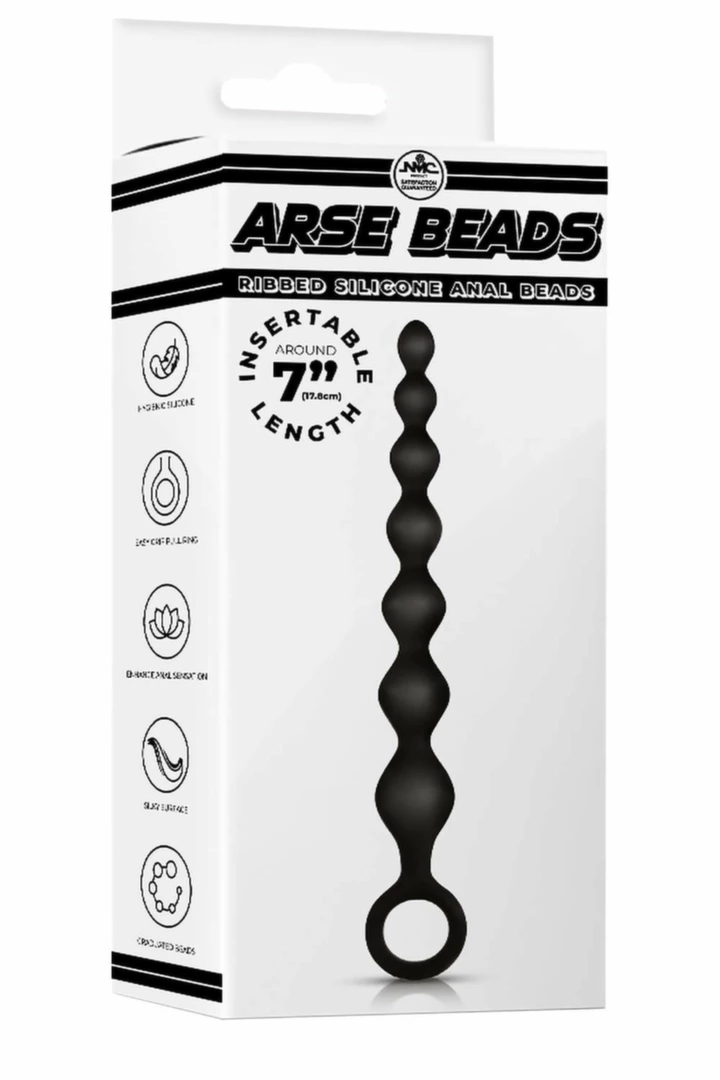 NMC 7 Inch Ribbed Silicone – czarne koraliki analne silikonowe 17,8 cm z pierścieniem