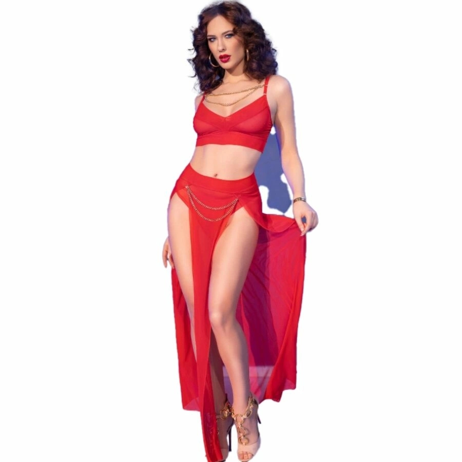 Chilirose CR 4850 Komplet top i legginsy czerwony L ze złotymi dodatkami i stringami