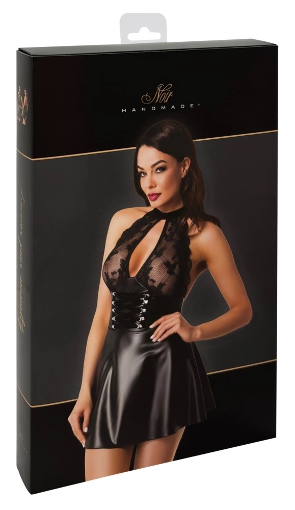 Noir Orgia Exclusive XL Czarna Mini Sukienka Bez Pleców z Koronką i Wetlook
