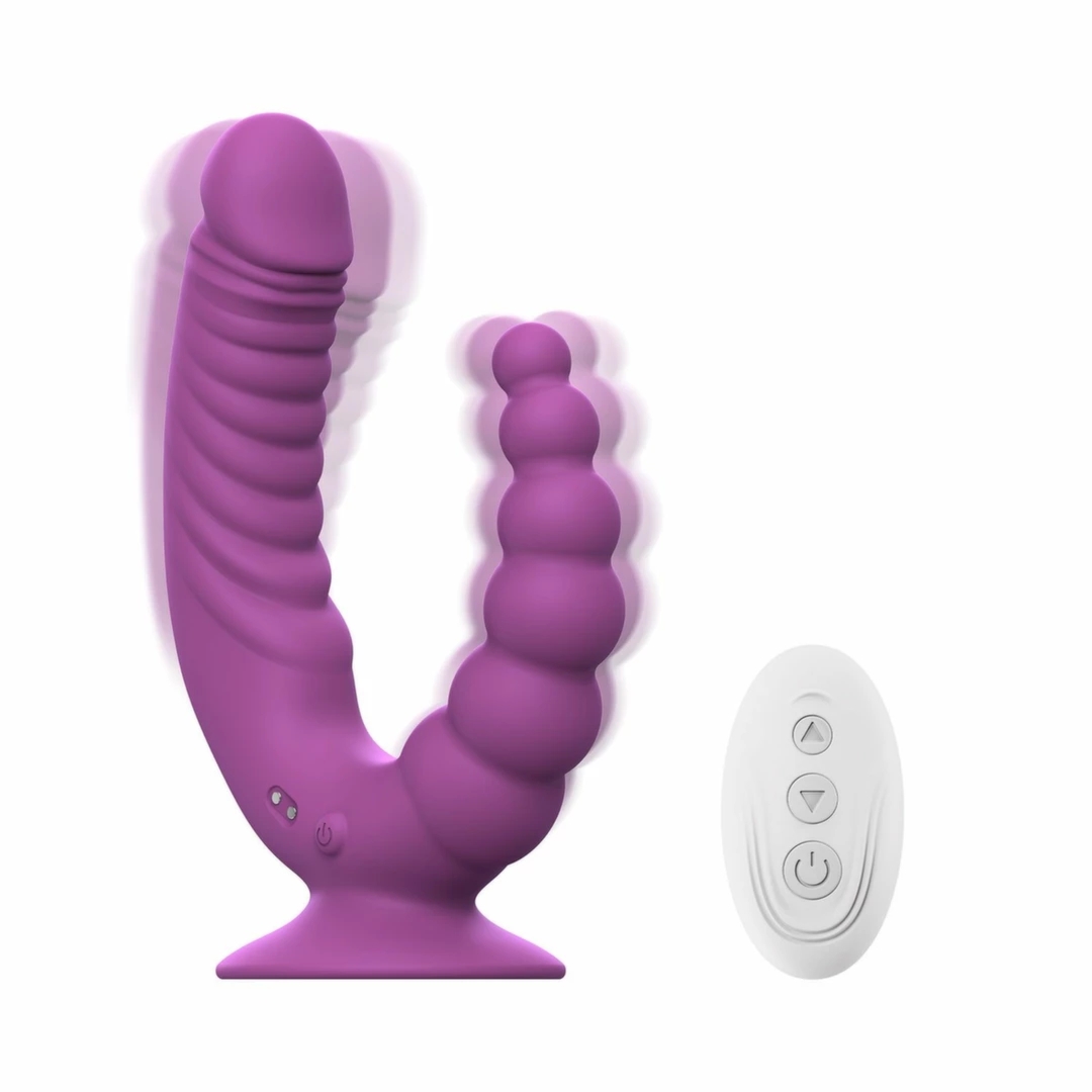 Teazers Double Vibrator Fioletowy z Przyssawką, Bezprzewodowy Pilot, wodoodporny, silikon