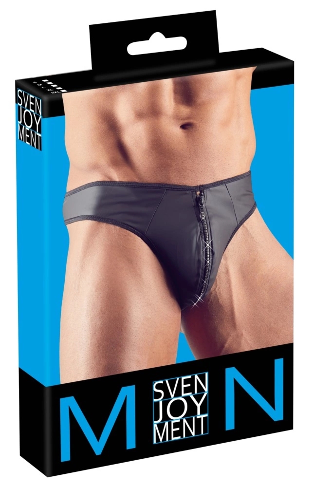 Svenjoyment Stringi męskie L neopren look, połysk, zamek z kryształkami