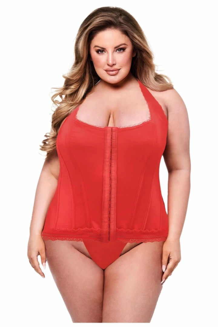 Baci Bustier Red 1X/2X – czerwony gorset plus size z koronką i zapięciem na haftki