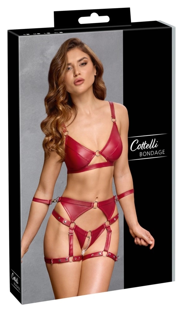 Cottelli Bondage komplet matowy czerwony S - biustonosz, majtki z pasami i mankietami