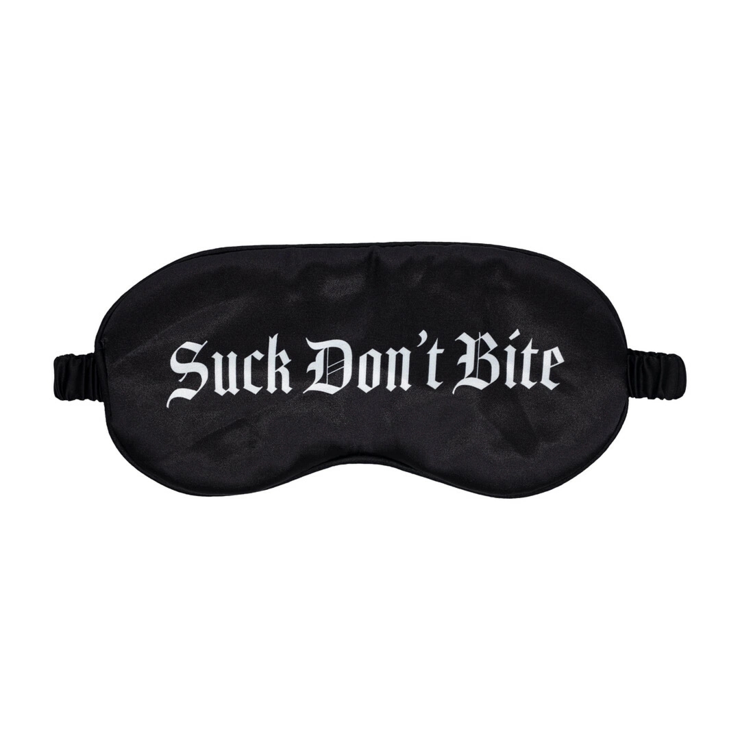 Suck Don't Bite Satynowa Maska na Oczy Czarna – model z nadrukiem, elastyczna opaska