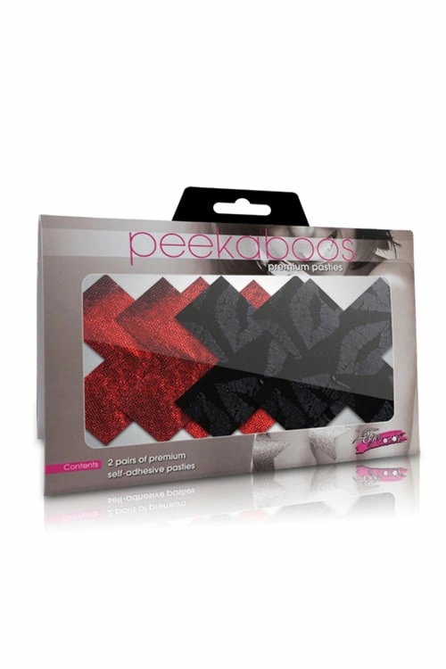 Peekaboo Pasties Stolen Kisses X – samoprzylepne ozdoby piersi, 2 pary, czerwono-czarne