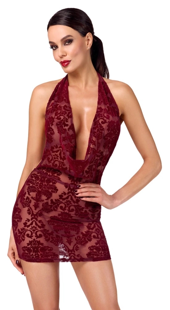 Noir Handmade Kink Royal sukienka mini transparentna bordowa S – aksamitny flock, halterneck