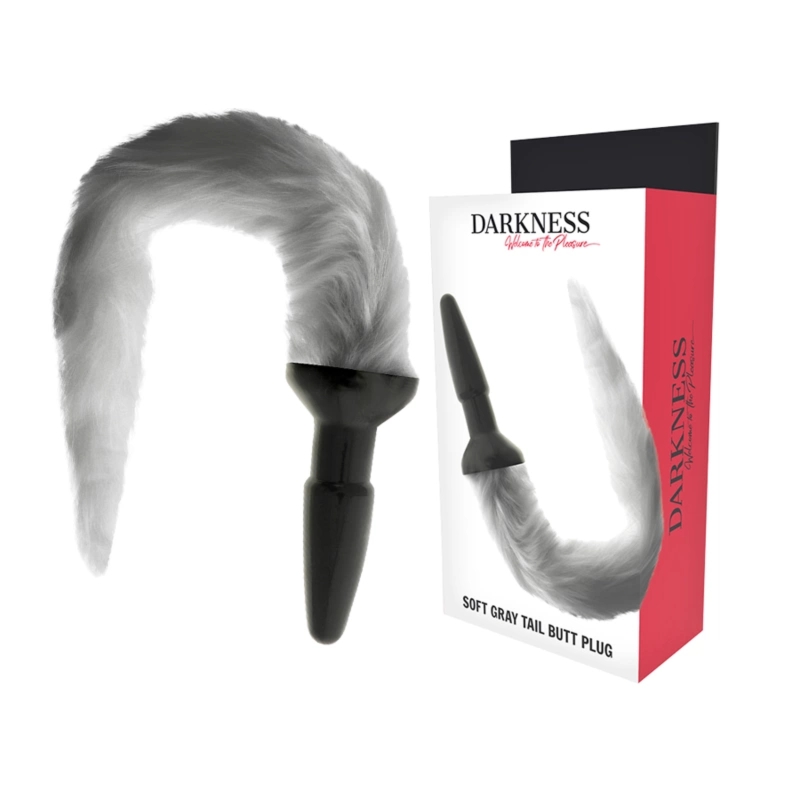 Darkness silikonowy korek z szarym futrzanym ogonem 12 cm, anatomiczny model