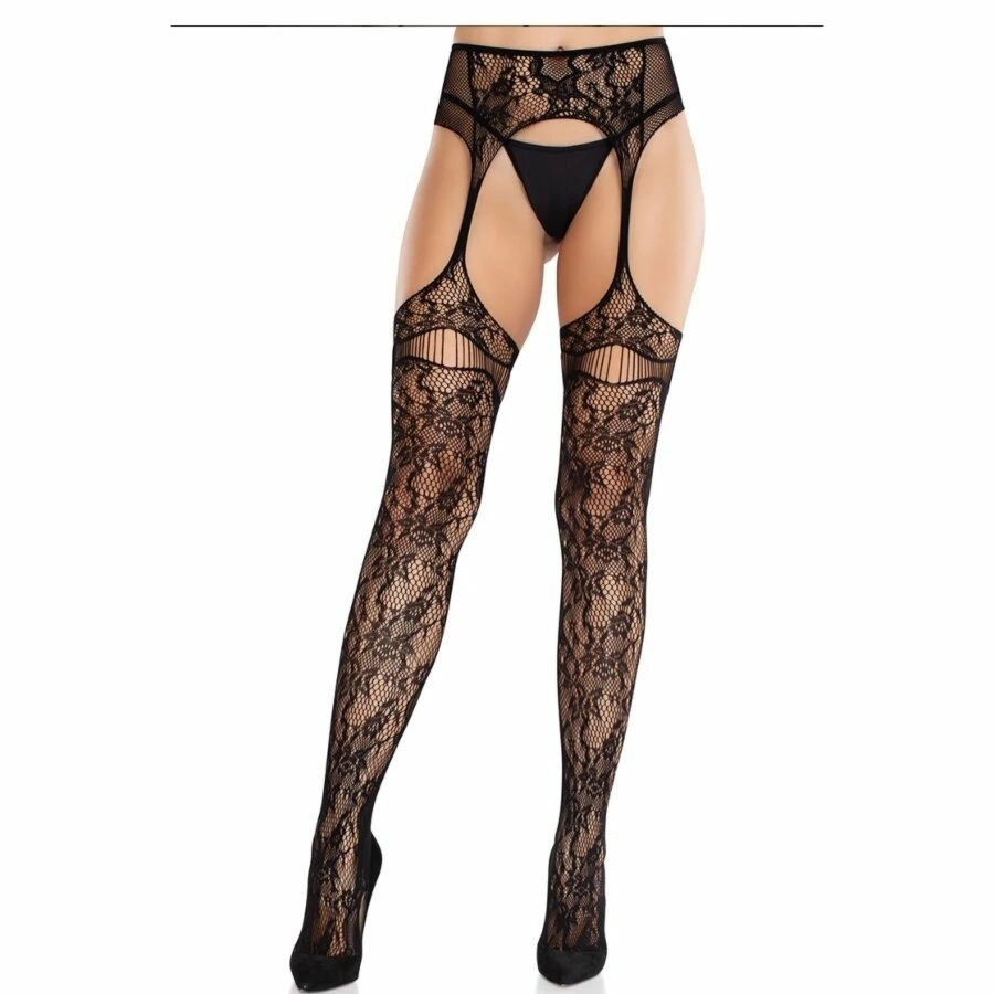 Leg Avenue Pończochy koronkowe z pasem czarny model 714718574981 siateczka i bezszwowa konstrukcja