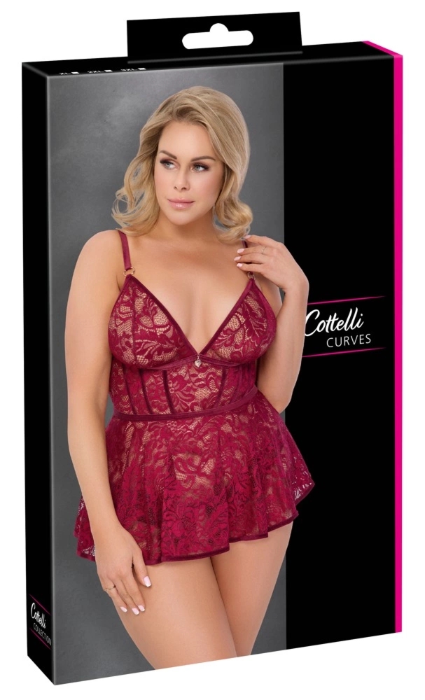 Cottelli Curves Babydoll koronkowa + otwarte figi czerwone 3XL, aksamitne detale