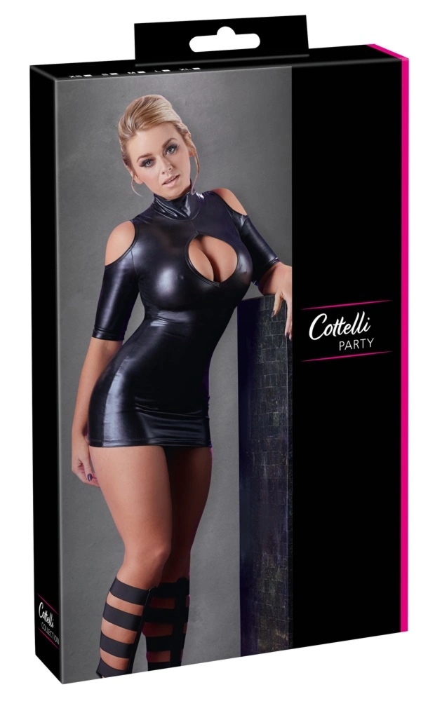 Cottelli PARTY Mini Sukienka Czarna S Wet Look Stójka Krótkie Rękawy