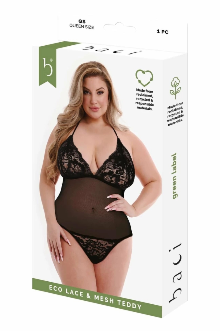 Baci Eco Lace & Mesh Teddy Black QS – ekologiczne body z recyklingu, koronka i siateczka, czarne Queen Size