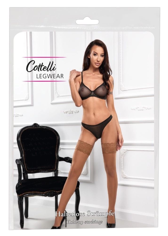 Cottelli LEGWEAR Pończochy beżowe 20 den z szeroką koronką 9 cm, silikonowe wzmocnienie