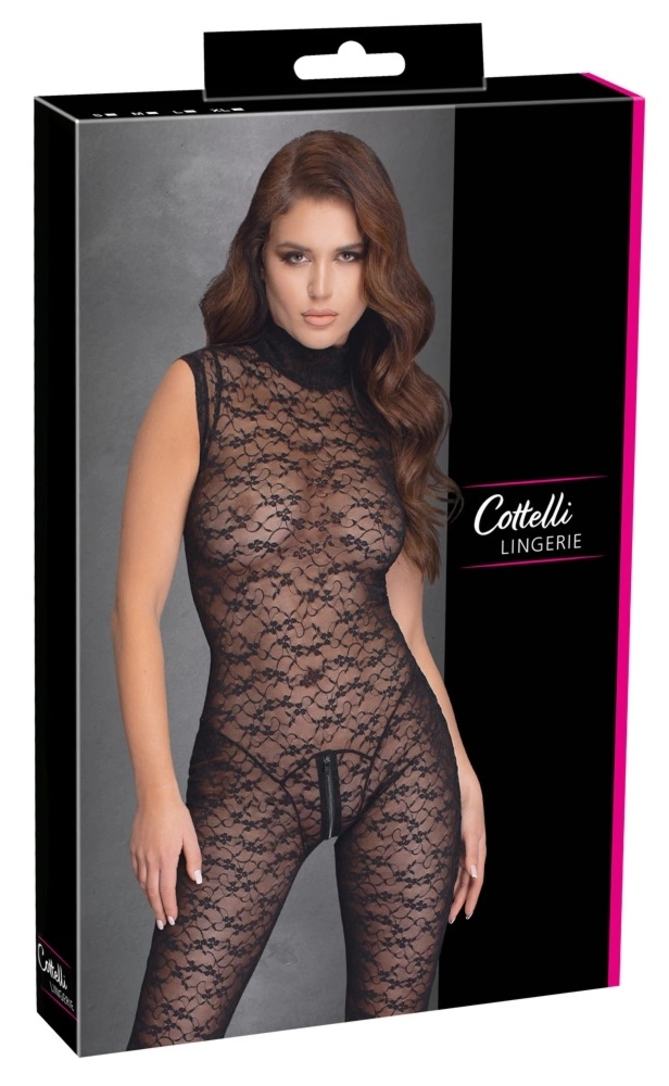 Cottelli Lingerie Body XL Czarny Koronkowy Dwukierunkowy Zamek Bez Rękawów