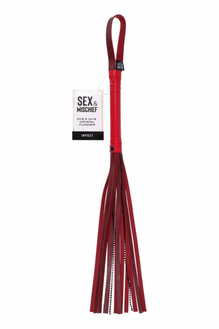 SPORTSHEETS Ex's and Oh's Crystal Flogger czerwony 61 cm, paski z kryształkami