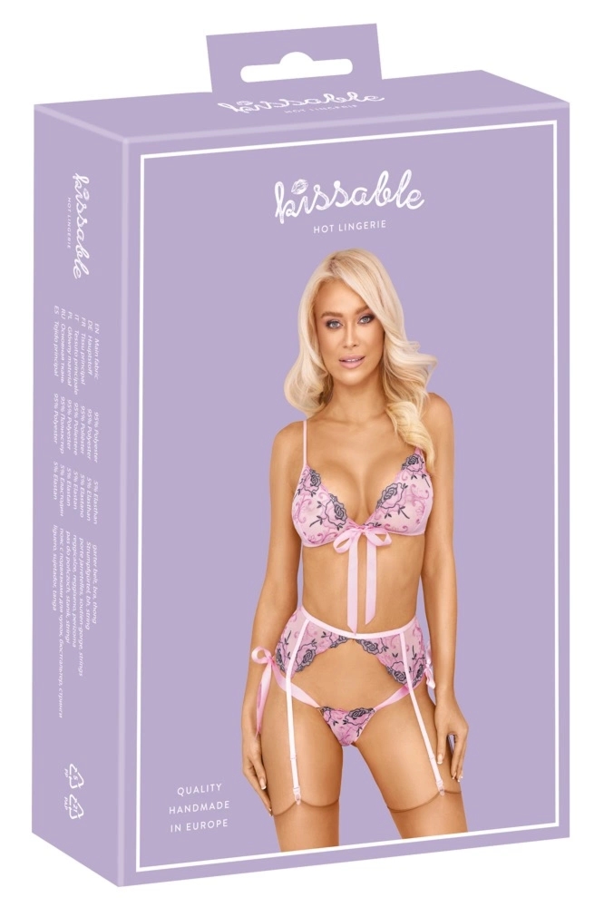 Kissable Komplet Bielizny L/XL z Haftem Kwiatowym i Regulacją – jasnoróżowy, trzy elementy