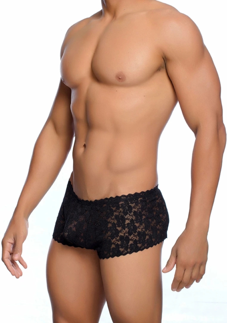 MOB Eroticwear Rose Lace Boy Short – koronkowe szorty męskie z motywem roż, czarne