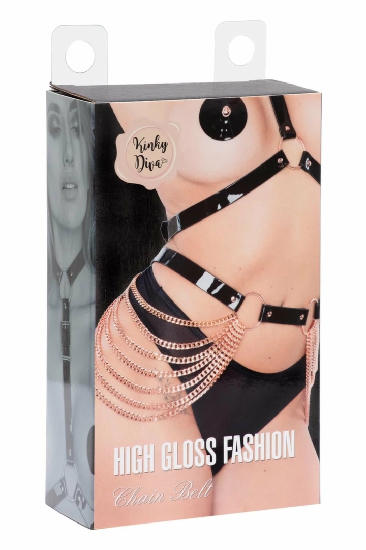 Kinky Diva Chain Belt – czarny pasek z łańcuszkami, regulowany, patent vegan leather