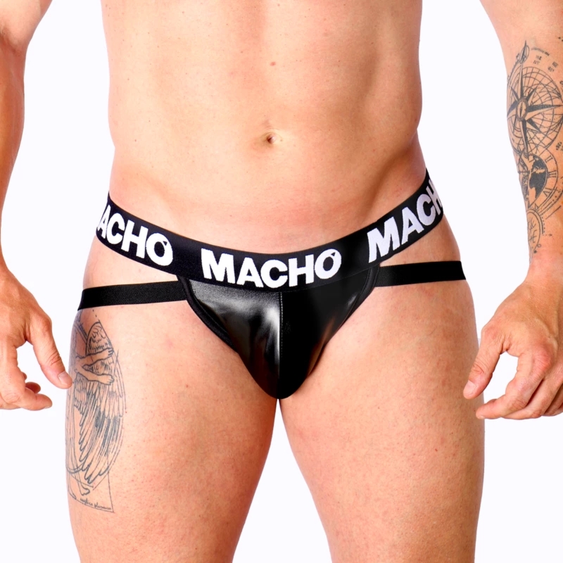 Macho MX25NC Jock czarne S – elastyczne szorty z syntetycznej skóry, kolorowa gumka