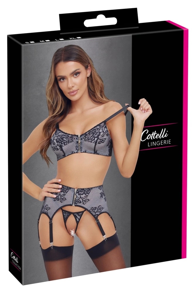 Cottelli Lingerie komplet 3-częściowy z koronką i zamkiem, czarno-biały, rozmiar S