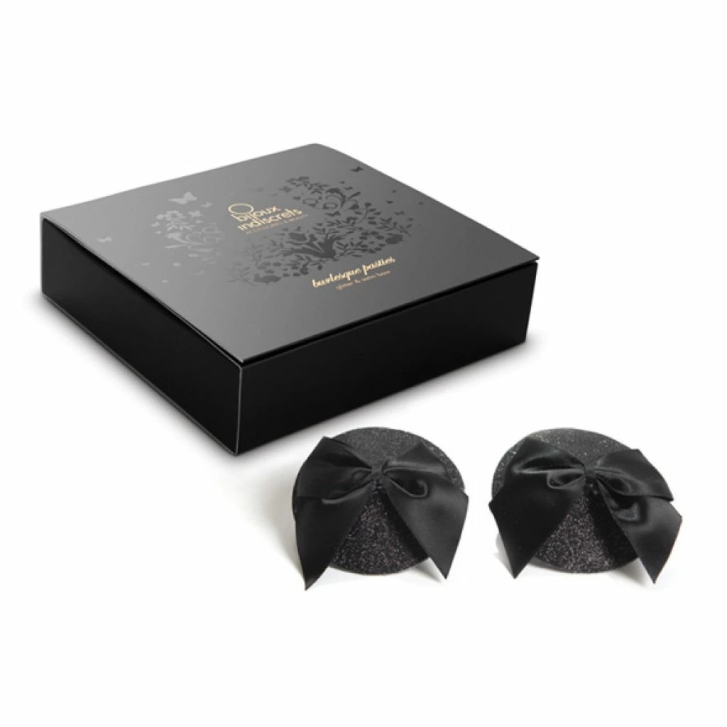 Bijoux Indiscrets Burlesque Pasties Bow czarne nakładki dekoracyjne z kokardką, imitacja skóry