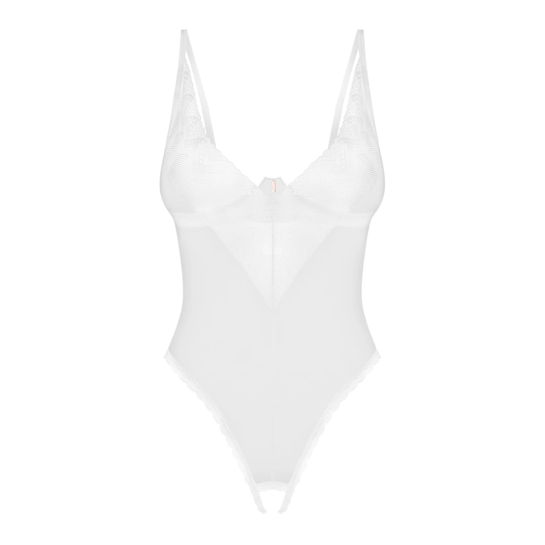 Obsessive Alissium Body z otwartą strefą, białe XS/S – koronka, głęboki dekolt, bez niklu