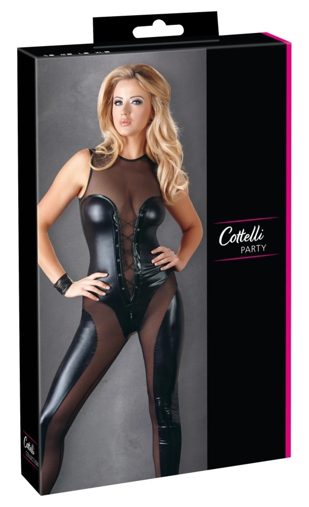 Cottelli Collection Party kombinezon czarny S, wetlook, transparentne wstawki, wiązanie