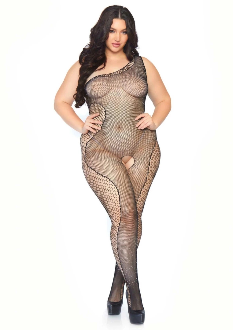 Plus Bodystocking z akcentem siateczkowym – asymetryczny model czarny XL/2XL