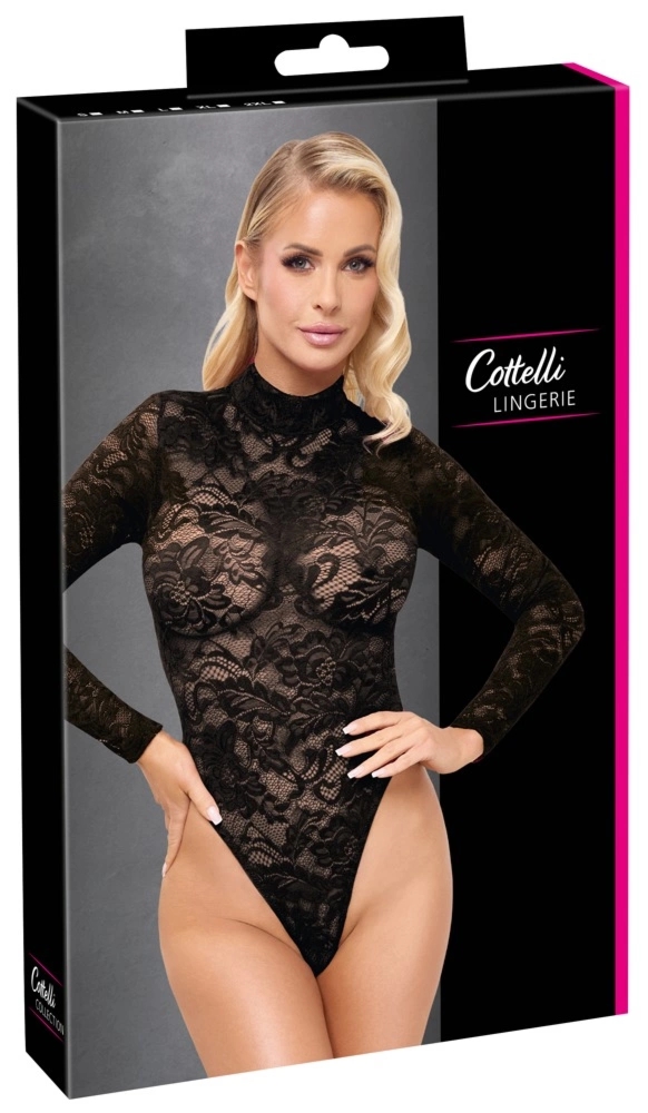 Cottelli LINGERIE Lace Body czarny XL, długi rękaw, koronkowy, stojka, zapięcie na napy