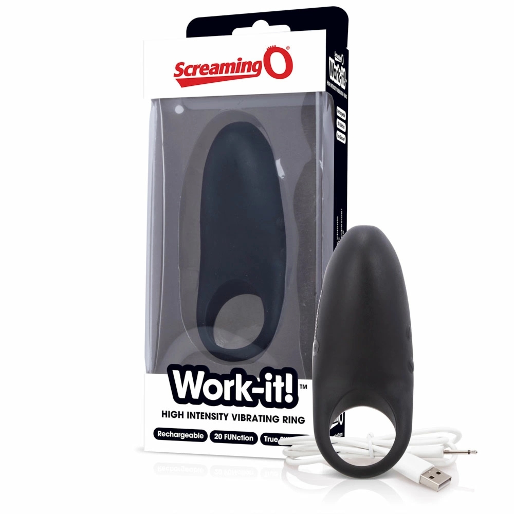 The Screaming O Work-it! Black – pierścień wibrujący, 20 programów, silikon True Silicone