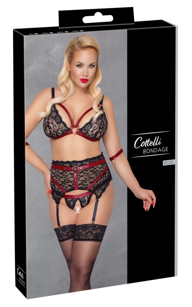 Cottelli Bondage komplet koronkowy 3-częściowy czarny 4XL, mankiety z łańcuszkami