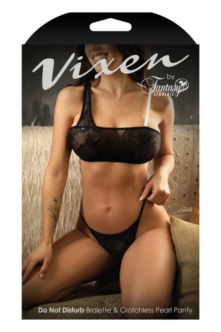 DO NOT DISTURB Pearl Strap Bralette & Bielizna Czarna L/XL z perłowymi paskami i otwartą konstrukcją