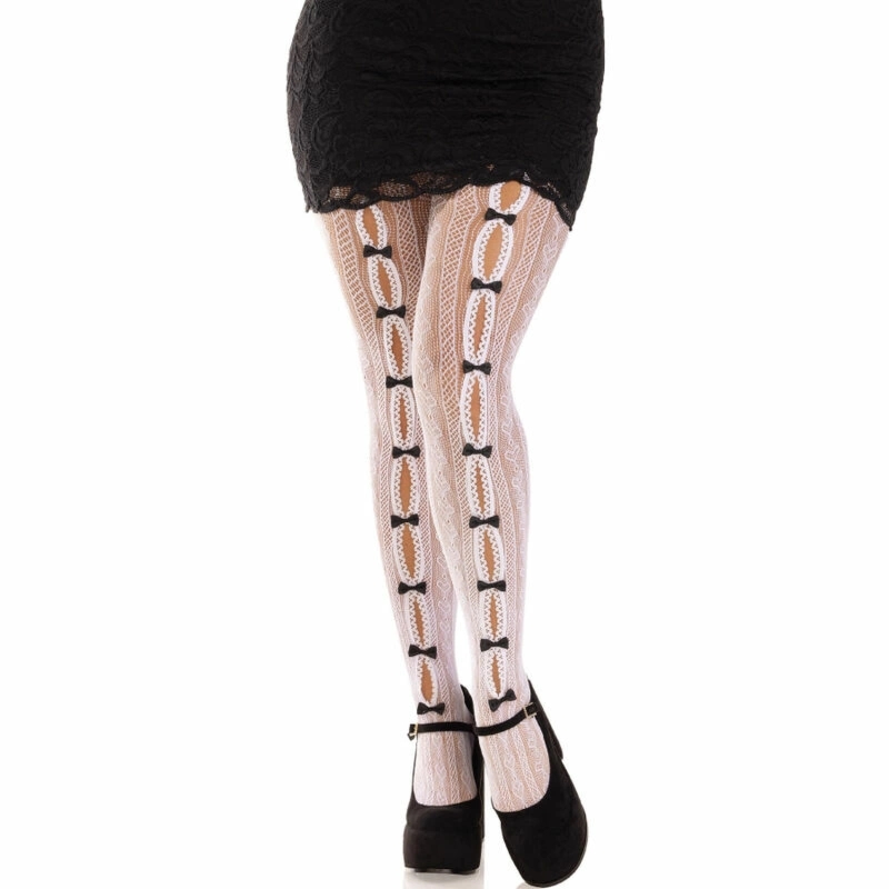 Leg Avenue Sweetheart Net kabaretki w paski z sercami i kokardkami, biały z różem, One Size